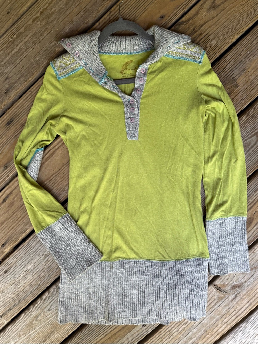 Free People Chartreuse Lime Henley Knit Tunic Sweater Dress Gray Trim M
